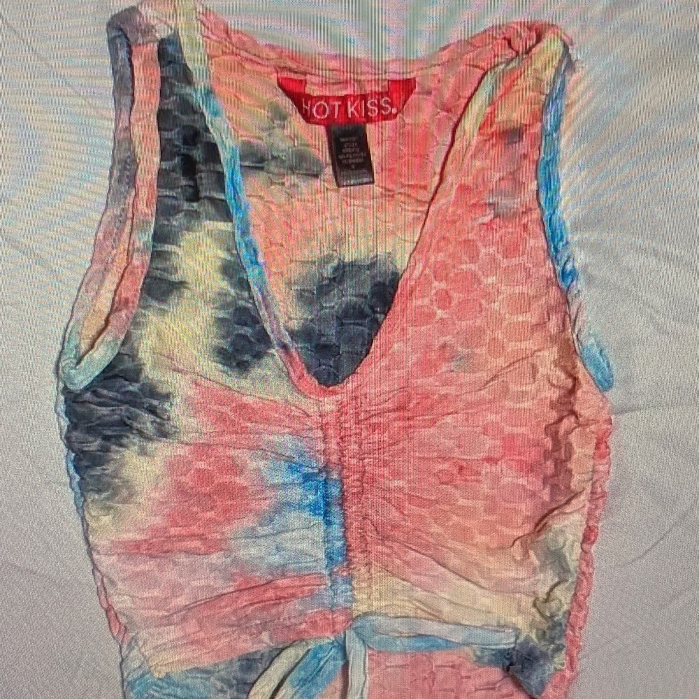 Hot Kiss Pink Blue Black Tie-Dye Ruched Tank Top